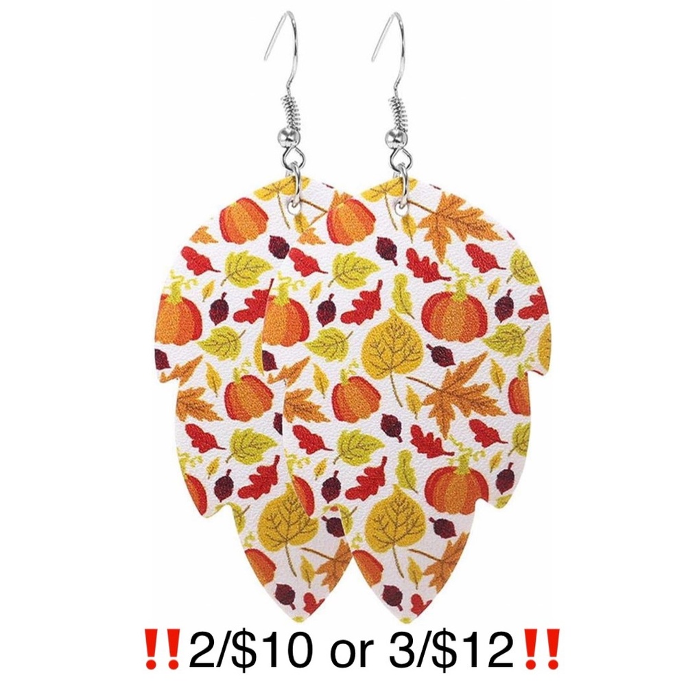 Pumpkin Leaf Faux Leather Dangling Fall Earrings Orange Yellow White Oak Leaves